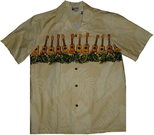 Men's Ukelele Guitars Hawaiian Prints Button down Shirts (Small, Guitar Beige)