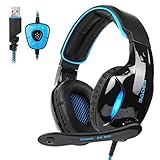 SADES Newest SA902 7.1 Channel Virtual Surround Sound USB Gaming Headset Over-ear Headphones with Noise Isolating Mic LED Light for PC Mac Computer Gamers(Black Blue)