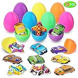 Easter Eggs Filled with Mini Pull-Back Vehicle Toys (12 Pcs); Cartoon Cars & Airplanes Set for Easter Theme Party Favor, Easter Eggs Hunt, Basket Filler, Classroom Prize Supplies.