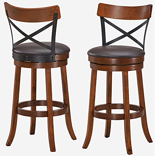 COSTWAY Bar Stool Set of 2, 360Degree Swivel Solid Wood Stools with Soft Cushion & Backrest, 29