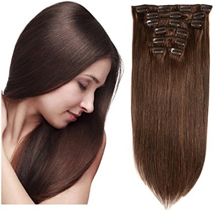 Friskylov 14Inch Clip in Human Hair Extensions Dark Brown Straight Real Hair Extensions Clip ins 100g 7Pcs 16Clips Thick Real Human Hair Extension for Women