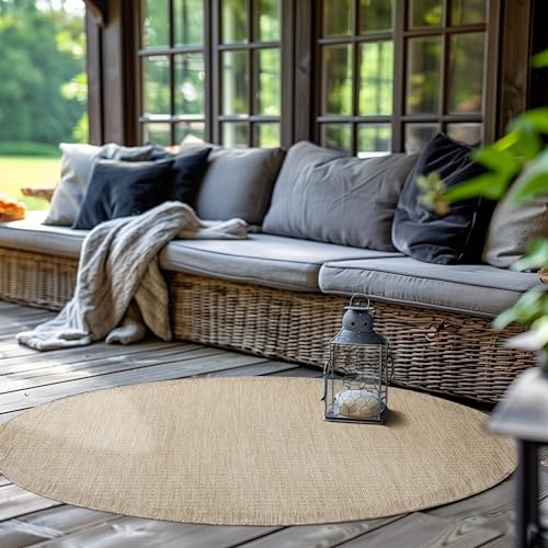 SIMPEX In- & Outdoor Teppich Wetterfest 160 cm Rund Einfarbig Beige - Waschbar, Wasserfest, Pflegeleicht und Flachgewebe - Ideal für Balkon, Garten, T