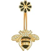 Kokoma 14G Cute Bee Daisy Flower Belly Button Rings for Women Stainless Steel Dainty Cubic Zirconia Crystal Dragonfly Navel Piercing Barbell Studs Belly Bar Fashion Jewelry Gifts BFF