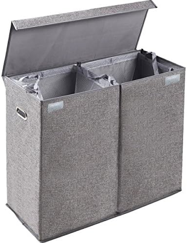 Dirty Clothes Hamper with Lid, Large Double Laundry Hamper Sorter 2 Section with Removable Liner, Detachable Divider, Gray Laundry Basket