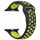 yearscase 38MM Soft Silicone Bracelet Sport Replacement Strap Wristband with Ventilation Holes for Apple Watch Nike+ and Apple Watch Series 1 2, M/L Size ( Black / Volt Yellow )