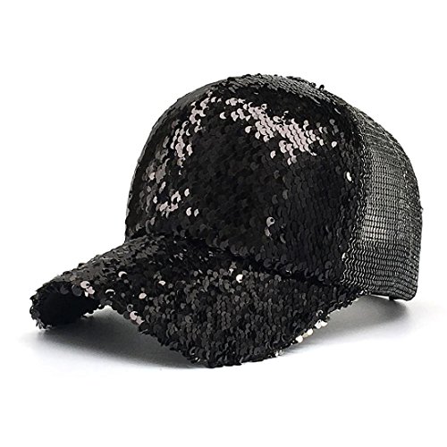 Paymenow Baseball Cap for Women, Girls Sequins Messy Outdoor Trucker Hat Ponytail Adjustable Ponytail Holder Visor Snapback (Black)