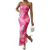 LIGHT DOT Women's Ruched Strapless Bodycon Dress Elegant Tie Dye Midi Guest Dresses Formal Outfits Date Party