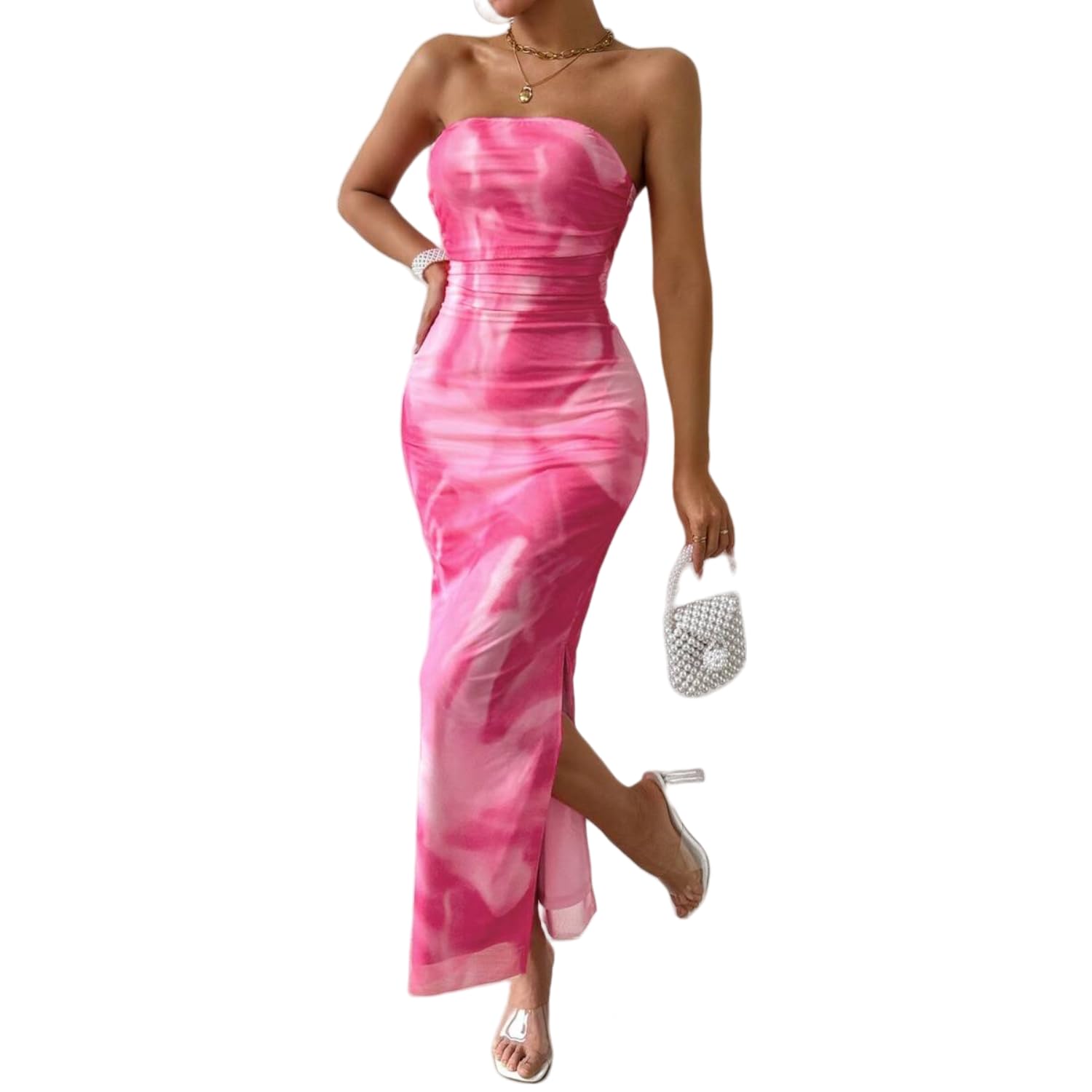Photo 1 of LIGHT DOT Women's Summer Dress Printed Strapless Tube Dress Bodycon Long Dress Side Slit Mesh Layered (Pink,M)