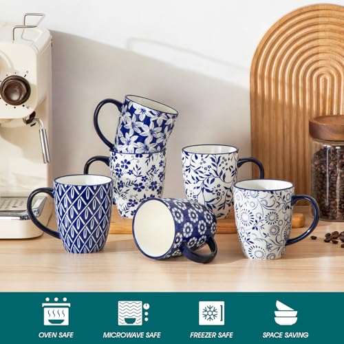 vancasso 12 oz Selene Ceramic Mugs Set of 6, 360 ml Small Vintage Blue-and-White Coffee Cups for Tea, Latte & Cappuccino, Drinkware Gift Set, Microwave & Dishwasher Safe