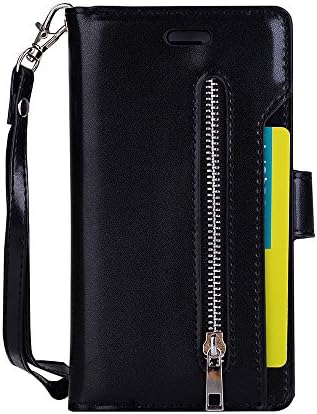 IPhone 6 6s zipper wallet case folio flip leather cover with 9 card holder cash coin pocket 360 full protective shell include magnetic snap closure and wrist strap for 4.7 inch iPhone 6 6s black