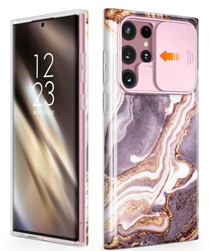 GVIEWIN for Samsung Galaxy S25 Ultra Case with Slide Camera Cover, [Screen Protector] [Shockproof Military Grade Drop Protection] Marble Slim Fit Hard PC Phone Cover S25 Ultra 6.9" 2025 (SHANLU)