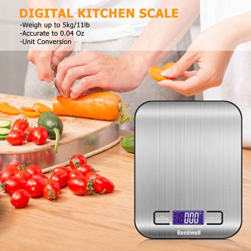 Benewell Digital Food Scale, 1g/0.002lbs to 11lbs Capacity Accurate Weight Measurement Stainless Steel Kitchen Scale for Meat, Gram, Coffee Bean, Fruit, Baking Powder and More (Batteries Included) - Thumbnail 2