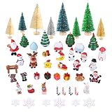 KUUQA 50 Pcs Mini Christmas Ornament Kits, Mini Sisal Snow Frosted Christmas Trees Bottle Brush Trees with Resin Santa Claus, Snowman, Snowflake, Bell, Elk, Candy Cane for Christmas Party Supplies