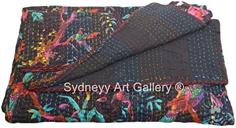 Sydneyy Art Gallery Indian Bird of Paradise Kantha Quilt, Kantha Blanket, Kantha Bohemian Bedding, Reversible Bedsheet / Blanket Decorative Vintage Ethinic. (Twin Size)