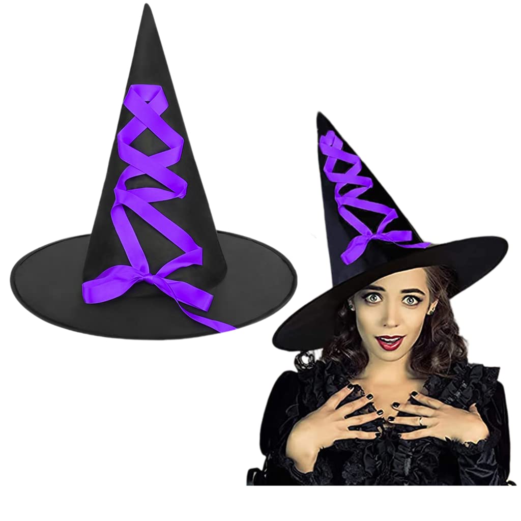 2Pcs Witch Hat Adult Women Halloween Costume Wizard Hat Magic Cap with Ribbon Bow Halloween Headwear Party Masquerade Decor Carnival Daily Cosplay Fancy Dress Costume Accessory