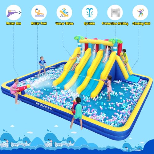 ELEMARA 20.66x16.4FT Inflatable Water Slide, 3 Extra-long Slides & Climbing Wall, Backyard Water Park with Double-layer Pool, 2 Water Cannons & Spraying Function, Includes 750W Air Blower for Big Kids