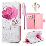 iPhone 6S Case,iPhone 6 Case (4.7 inch)- (NOT FOR iPhone 6 Plus)MOLLYCOOCLE Wallet Premium PU Leather Bling Diamond Butterfly Magnetic Hand Wrist Strap TPU Bumper Cover & Dust Plug & Stylus Pen,Flower