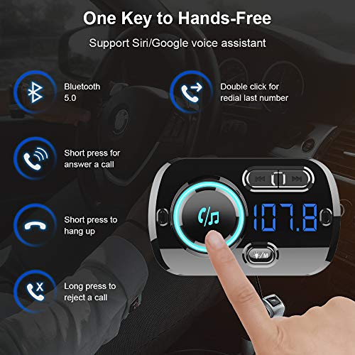 Trasmettitore FM Bluetooth 5.0, Vivavoce Car Kit con QC 3.0 Caricatore per Auto, supporto Uscita TF card AUX, Suono Cristallino, Luce Colore, Cavo 1.1M, 2 Modi di Installazione