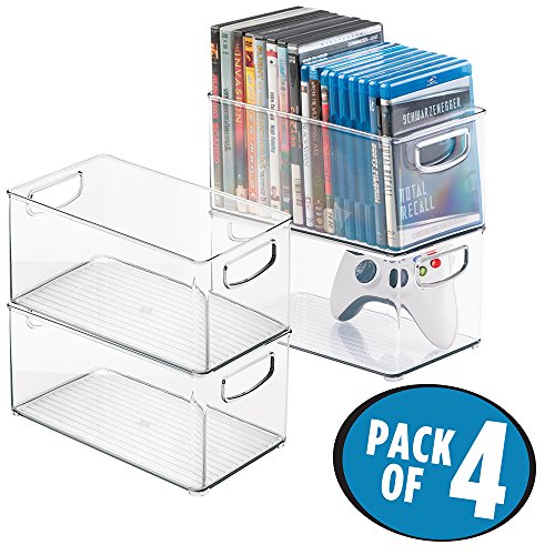 mDesign Stackable Household Storage Organizer Container Bin for DVDs, PS4, Nintendo and Xbox Video Games, Controllers and Head Sets - Pack of 4, Medium, Clear