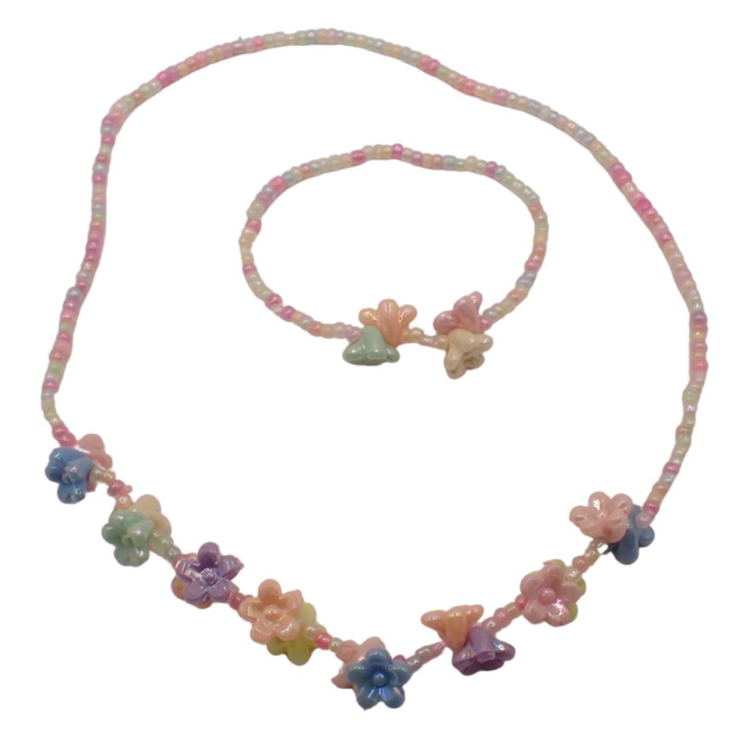 Topkids Accessories Children's Plastic Bead Necklace & Bracelet Sets, Colourful Chunky Jewellery For Kids Costume Party Game Prizes, Perfect For Party Bag (Pastel Flower Beads)