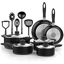 Vremi 15 Piece Nonstick Cookware Set - Kitchen Pots and Pans Set Nonstick with Cooking Utensils - Non Stick Cookware Set PTFE and PFOA Free Oven Safe Basics Pots and Pans - Black