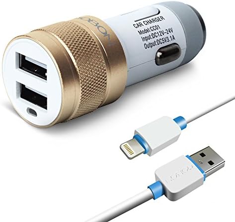 Car Charger(with 3 Feet of Lighting Cable),YOBON Quick Charge 5V /3.1A Dual USB Car Charger with Emergency Hammer for Apple, Android and Other USB Powered Devices(Gold)