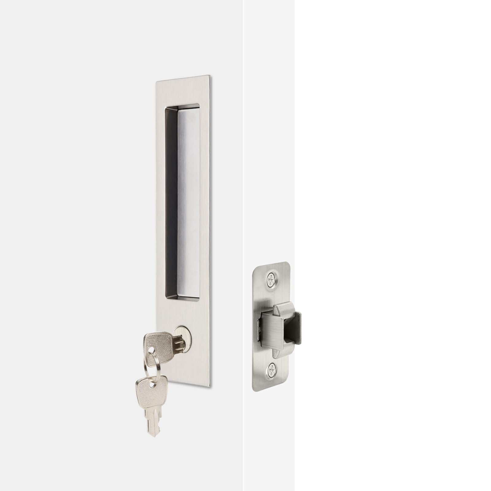 Photo 1 of Dontay Pocket Door Handle, Modern Rectangular Keyed Entry Function, (Bed/Bath) Pull Latch, Recessed Sliding Door Hardware for 1 3/8” to 2 3/16” Thickness (Keyed Entry Lock, Brushed Nickel, 1 Pack)