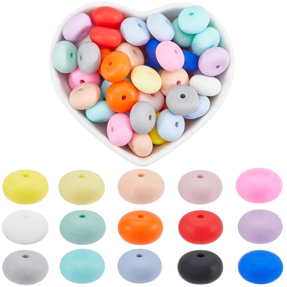 SUNNYCLUE 150Pcs 15 Colors 14mm Lentil Silicone Bead Bulk Abacus Beads Colorful Soft Rubber Saucer Loose Spacer Lanyard Rondelle Focal Pen Bead for Bracelet Jewellery Making DIY Keychain Crafts
