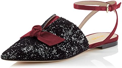 XYD Women Glitter Pointed Toe Mule Slide Sandals Slingback Ankle Strap Flat Shoes with Bows Size 5 Wine Red