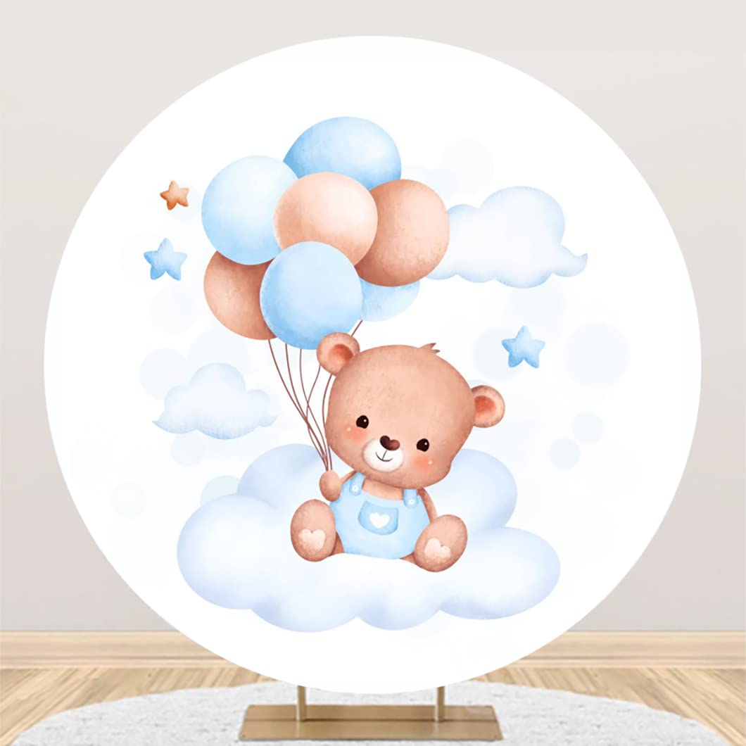 YongFoto 220cm Diameter Round Backdrop for Photography Blue Baby Bear Balloon Background for Baby Shower Party Decor Children Baby Studio Portrait Photoshoot Round Props