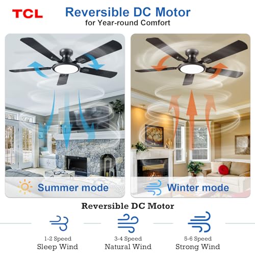 TCL Ceiling Fans with Lights, 52 Inch Low Profile Ceiling Fan with Light and Remote Control, Flush Mount, DC Reversible Motor, Noiseless, 6 Speeds Ceiling Fan for Bedroom (Black)