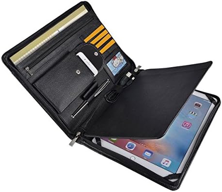 Professional Leather Business Organizer Portfolio Case with Zipper Closure for iPad Pro 12.9 inch (A4) paper pocket (iPad Pro 12.9 inch, Black)