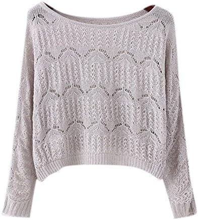Enlishop Women Sexy Loose Cable Hollow Short Knit Jumper Crop Top Sweater Grey