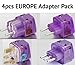 NEW! 4 Pieces EUROPE TRAVEL ADAPTER Pack for; FRANCE SPAIN ITALY GERMANY TURKEY UK ENGLAND IRELAND GREECE AUSTRIA PORTUGAL CROATIA and more/WITH DUAL PLUG-IN PORTS AND SURGE PROTECTORS