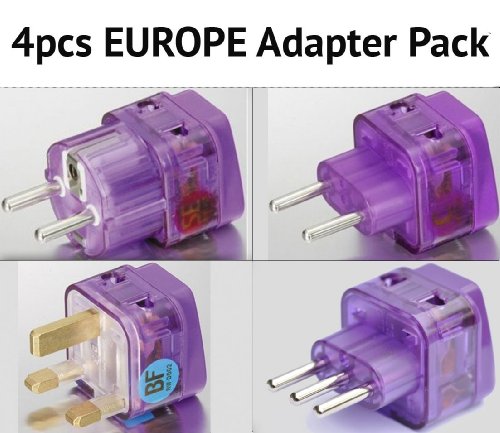 NEW! 4 Pieces HIGH QUALITY EUROPE TRAVEL ADAPTER Pack for ALL countries in EUROPE; FRANCE SPAIN ITALY GERMANY TURKEY UNITED KINGDOM ENGLAND IRELAND SCOTLAND GREECE AUSTRIA RUSSIA UKRAINE PORTUGAL CROATIA NETHERLANDS SWEDEN NORWAY FINLAND ICELAND and more / WITH DUAL PLUG-IN PORTS AND BUILT-IN SURGE PROTECTORS