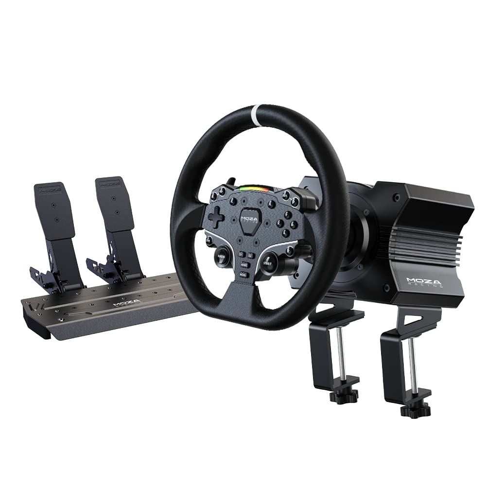 MOZA Racing R5 Bundle Kit 5.5 Nm of Torque Direct Drive Wheel Base Power Aeroplane Grade Aluminum High-Strength 11-Inch ES Steel, SR-P Lite Dual Pedals and Table Clamp