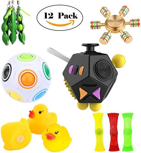 Fidget Toys Set of 12, Magic Squeeze Pod, Multifunctional Finger Rotor, Fidget Football,2nd-generation 12-Side Fidget Cube,Rubber Duck, Glassball Pipe