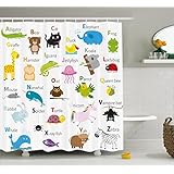 Ambesonne Animal Shower Curtain by, Cute Zoo Creatures Turtle Unicorn Octopus Ladybug Frog Cat Giraffe Duck Kids Display, Fabric Bathroom Decor Set with Hooks, 84 Inches Extra Long, Multicolor