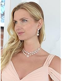 Mariell set de aretes y collar con dos filas de diamantes de imitación, oro rosa rojizo para egresadas, novias, damas de honor