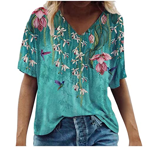 Plus Size Tops for Women Summer Short Sleeve Tops V Neck Casual Workout T Shirts Loose Floral Tunic Basic Tees Henley Tops