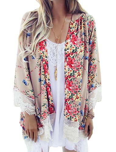GSVIBK Womens Floral Print Kimono Loose Lace Chiffon Cardigan 3/4 Puff Sleeve Lace Patchwork Cardigans 218 Khaki L