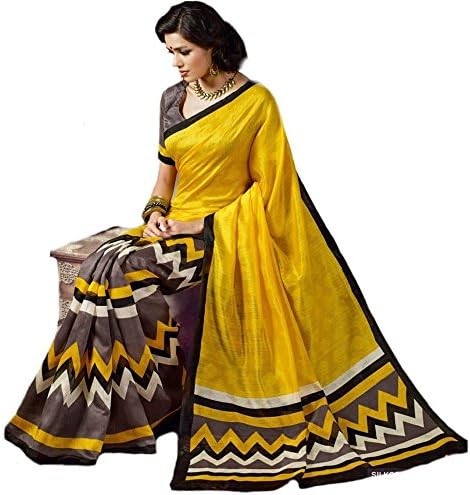 Lavri Women's Bhagalpuri Silk Bhagalpuri Printed Saree With Un-Stitched Blouse + Eye Care Cool Mask Free Size Yellow/ Grey