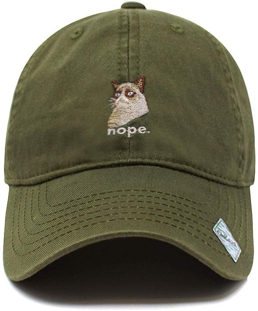 Grumpy Cat Embroidered Dad Hat with Memes Funny Nope Saying Fashion Baseball Cap Fun Designs for Men Women Headwear (Army Green): Clothing