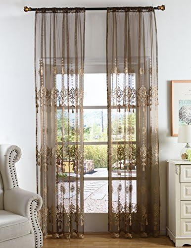 Smibra Rod Pocket Gorgeous Style Elegant Floral Embroidery with Stereoscopic Pendant Sheer Curtain Durable Home Treatment for Balcony(2 Panels, W50 x L84 inch, Brown) 1884158C1SVEBN25084-8507-2P