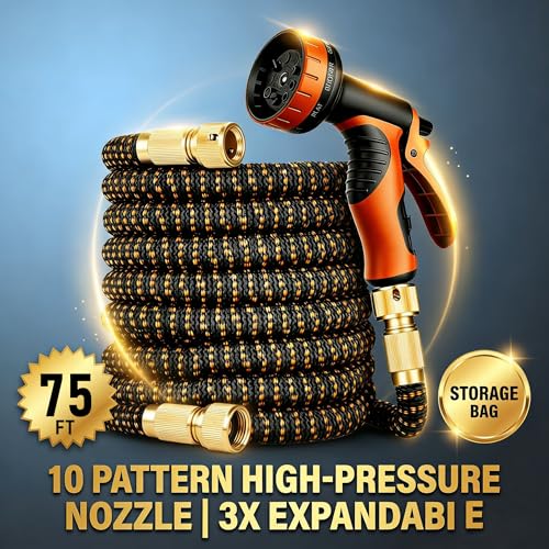 Expanding Garden Hose with 10-Pattern Spray Nozzle - 3-Fold Retractable Water Hose, Lightweight, Leak-Proof, Durable Triple-Layer Latex Core - Ideal for Watering, Car Washing & Pet Bathing (75FT)