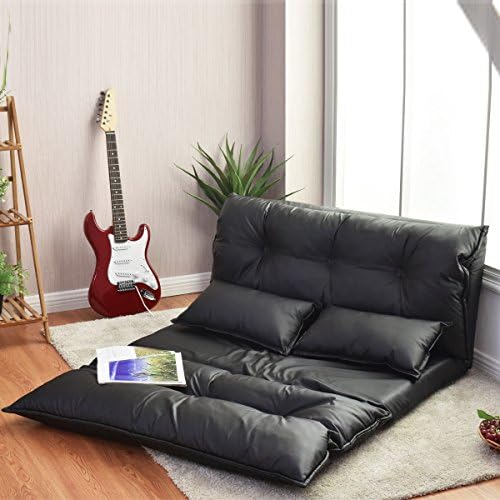 PU Leather Foldable Modern Leisure Floor Sofa Bed Video Gaming 2 Pillows Black
