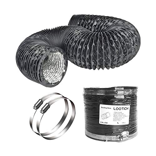 LOOTICH Strong 6" Air Duct 8 FT Long Black PVC Flexible Aluminum Ducting with 2 Stainless Steel Clamps 4 Layer HVAC Ventilation Hose for Grow Tents Dryer Rooms House Vent Register Lines