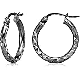 Hoops & Loops Black Flashed 925 Sterling Silver Diamond-Cut Click-Top Round Hoop Earrings for Women, Sizes 15mm-50mm