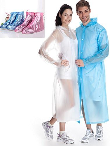 FEELING WELL Hooded Poncho Unisex Raincoat Pack of 2 with 2-Pair Free Shoe Covers L-Blue/L-White