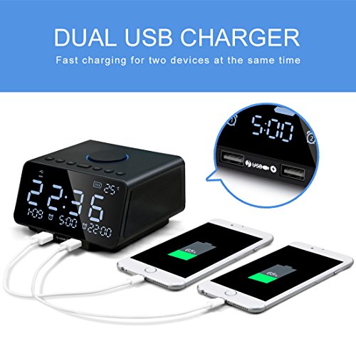 Digital Alarm Clock with Snooze and Battery Backup, FM Radio Dual USB Charging Bluetooth Speaker Aux Line-in for Bedrooms Kids Home Hotel Office (Black)